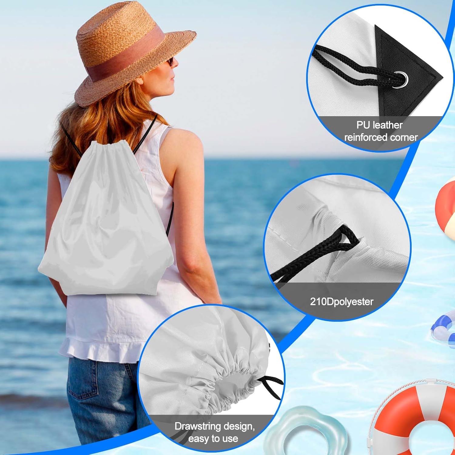 PLULON Drawstring Backpack Set - 6 White Cinch Sacks for Gym, Yoga & Travel Activities