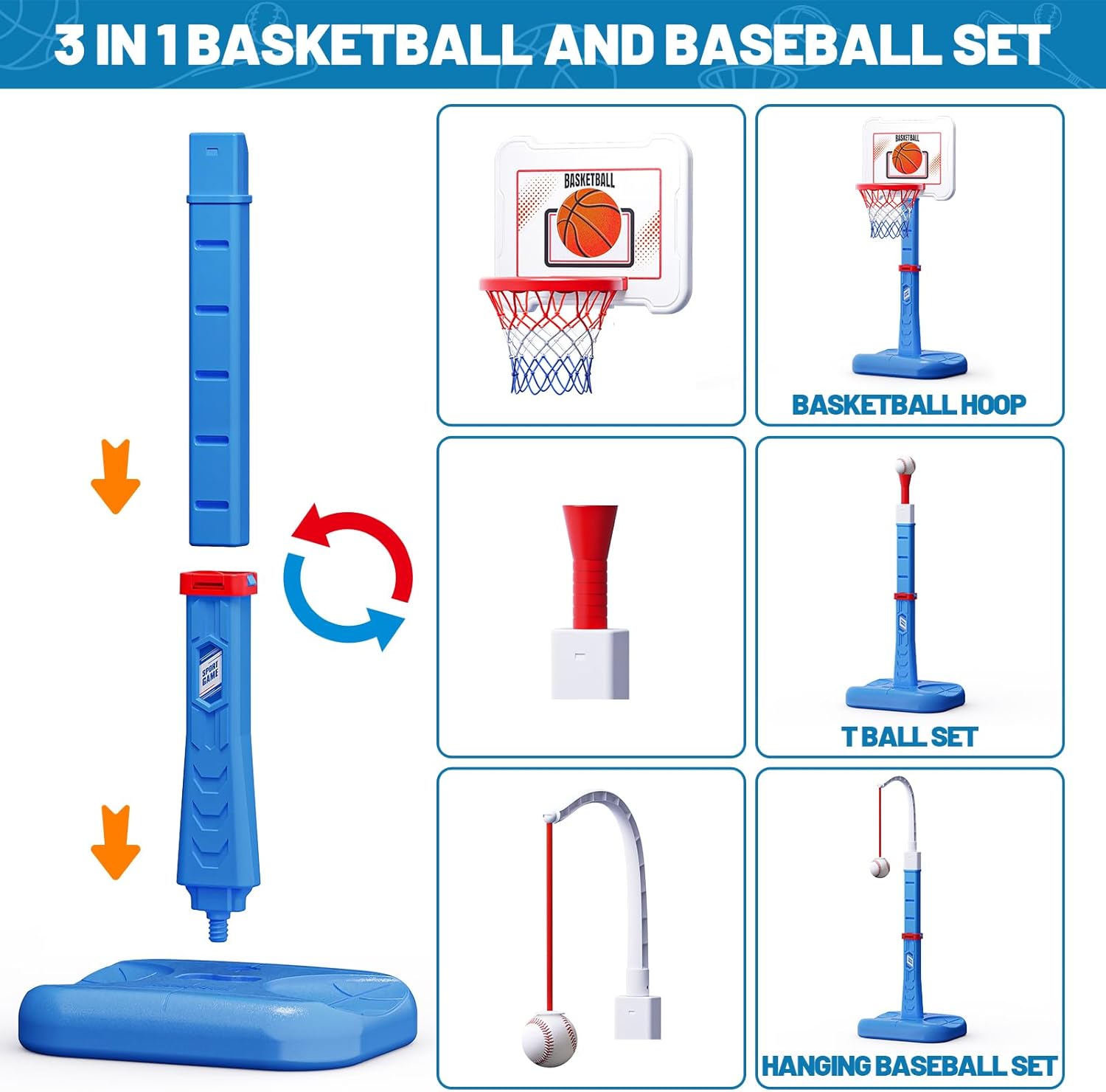 Skiennix 3-in-1 Kids Basketball Hoop & T-Ball Set - Adjustable Height Indoor/Outdoor Sports Toy for Ages 3-5 (Blue)