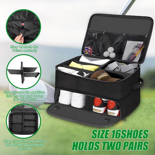 UFHUFH Golf Trunk Organizer Storage with Separate Compartment for 2 Pair Shoes Up to US Mens 16,2 Layer Golf Trunk Organizer,Waterproof Car Trunk Locker for Balls, Tees,Gifts for Golfers