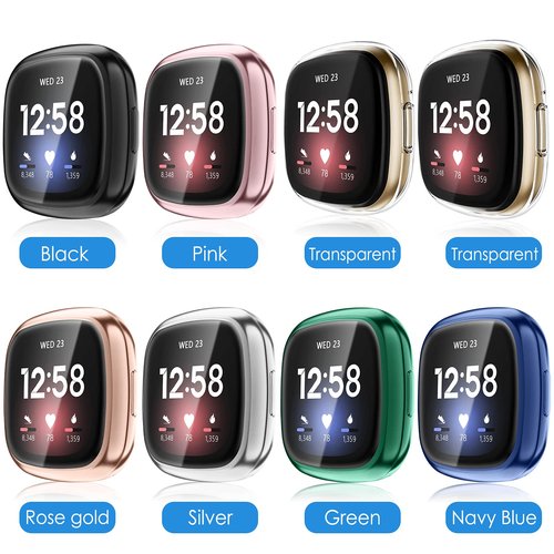 Fintie 8-Pack Screen Protector Case Compatible with Fitbit Versa 3 / Fitbit Sense, Soft TPU Plated Full Protective Bumper Cover [Scratch-Proof]