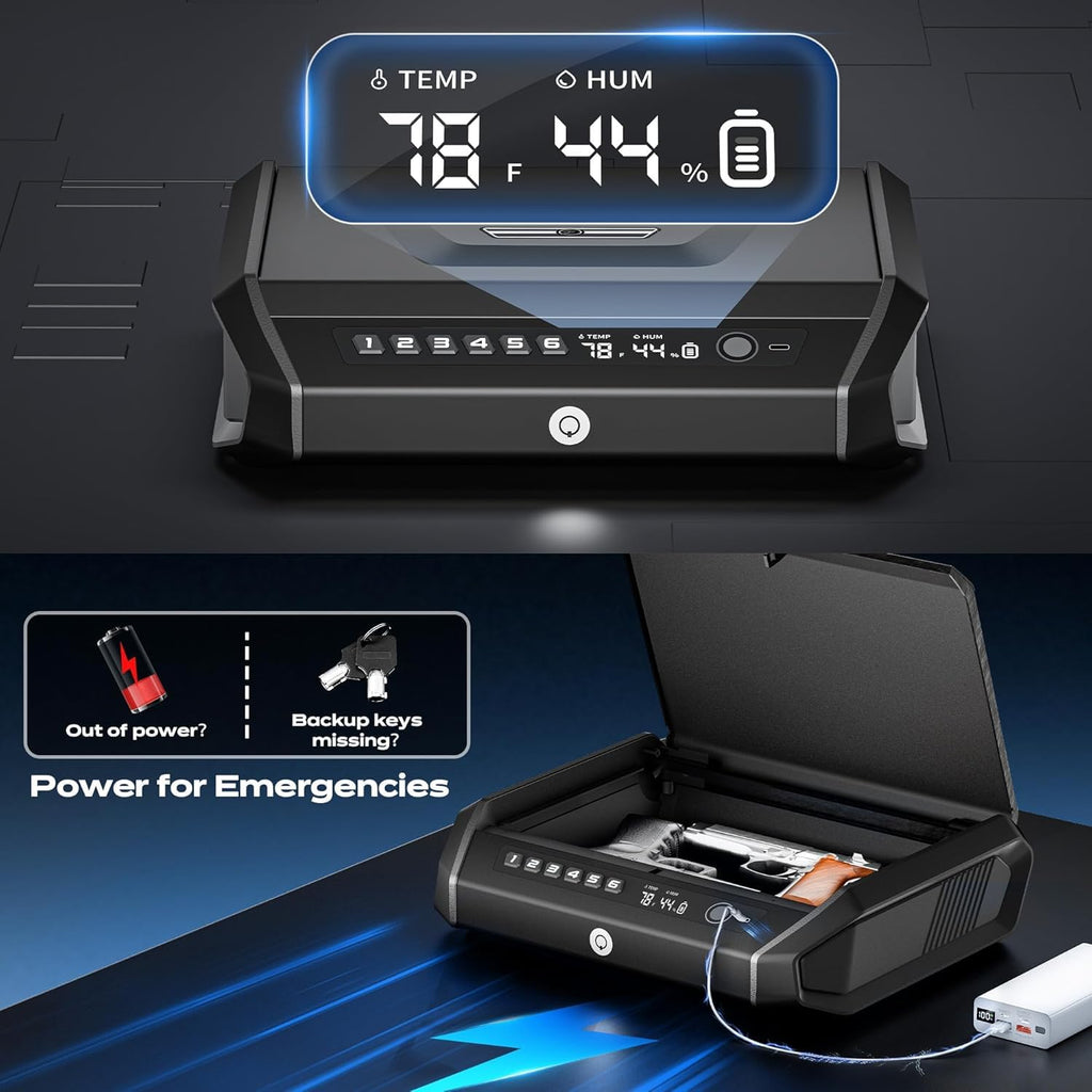 TOPMEDA Gun Safe with LCD Display, ≤0.1s Quick Access Large Handgun Safe for Pistols, Hand Gun Lock Box with Fingerprint, Keypad, Key, Car, Home, Bedside, Nightstand, AA Battery Emergency Power
