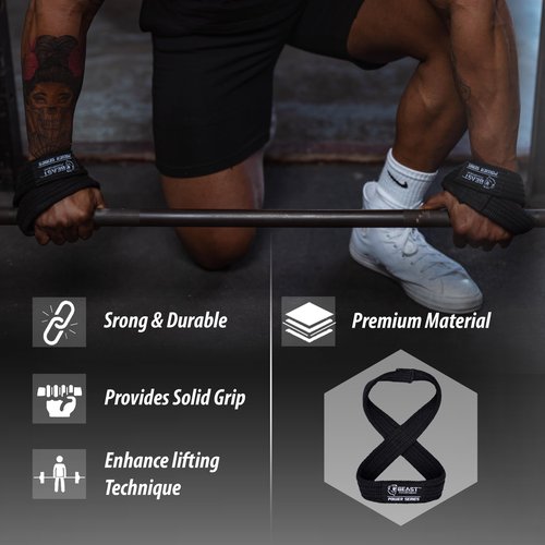 Beastpowergear Figure 8 Strap | Heavy Duty Deadlift Weight Lifting Power Wrist Strap | Weightlifting Powerlifting Shrugs Workout Men Women (Black, Large 14” (8.5+ Wrist Circumference))
