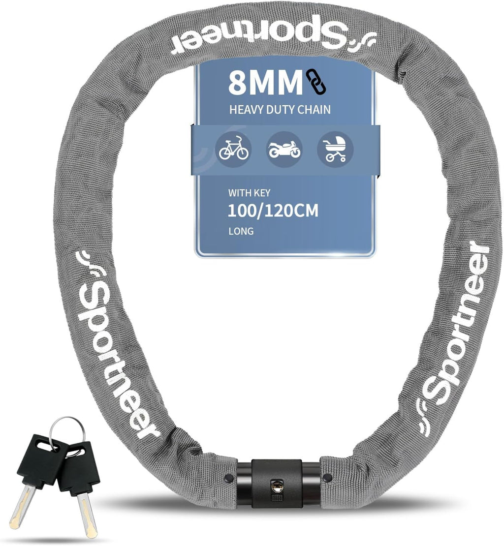 Sportneer Bike Lock - Heavy Duty 3.2ft Anti-Theft Chain Lock with 2 Keys | 8mm Thick Grey Design
