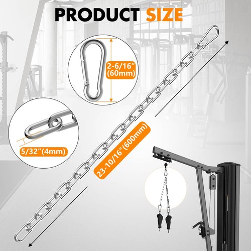 Anobeyi 23.6" Gym Fitness Cable Extension Chain, 304 Stainless Steel Cable Machine Extension Accessory, Workout Chain for Home Gym Replacement, Weight Lifting, Triceps Exercise (Silver-2pcs (Dia-4mm))