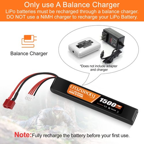 Crazepony Airsoft Battery 11.1V Rechargeable 3S LiPo 1500mAh 25C Hobby Battery with T-Plug & JST XH Connector for Airsoft Model Rifle