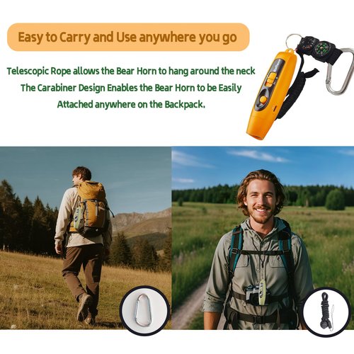Rechargeable Bear Horn to Scare Bears, 125dB Electronic Air Horn with LED Flashlight & Compass & Thermometer, Electronic Whistle Bear Bells for Safety Hiking Camping Emergency Self Defense (Orange)