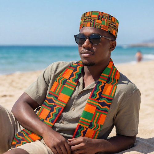 2Pcs African Kente Pattern Kufi Hat Men African Print Scarf Black African History Stole Sash Graduation Women Accessory