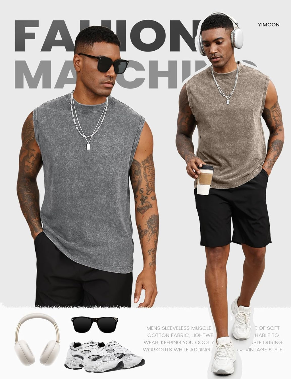 Yimoon Men's Workout Tank Tops - Sleeveless Cotton Acid Wash Gym Shirts | Loose Fit Muscle Tees