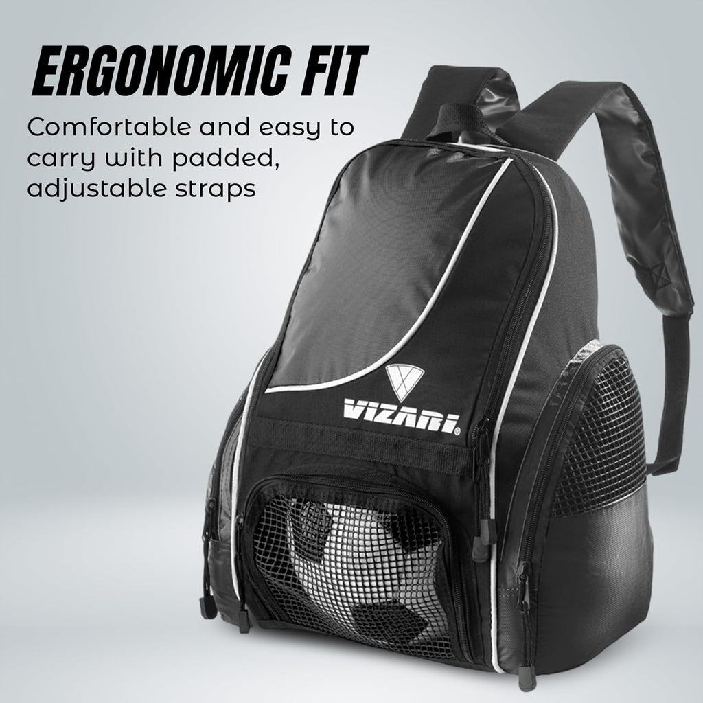 Vizari Solano Soccer Backpack - Ball Compartment, Vented Pocket & Mesh Cargo Pockets | Ideal for Adults & Teens