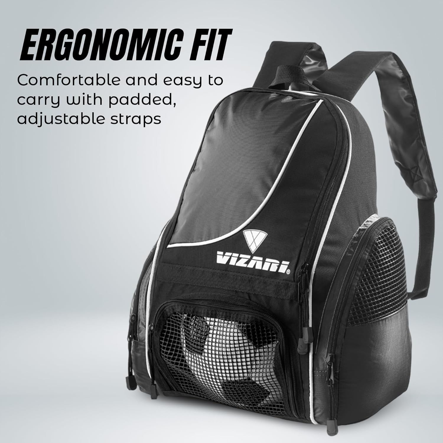 Vizari Solano Soccer Backpack - Ball Compartment, Vented Pocket & Mesh Cargo Pockets | Ideal for Adults & Teens