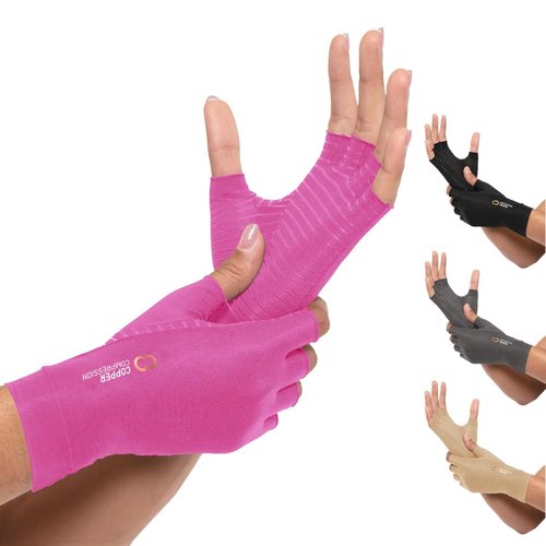 Copper Compression Arthritis Gloves - Fingerless Pain Relief for Carpal Tunnel | Hand Support for Neuropathy & Tendonitis, Size Pink S