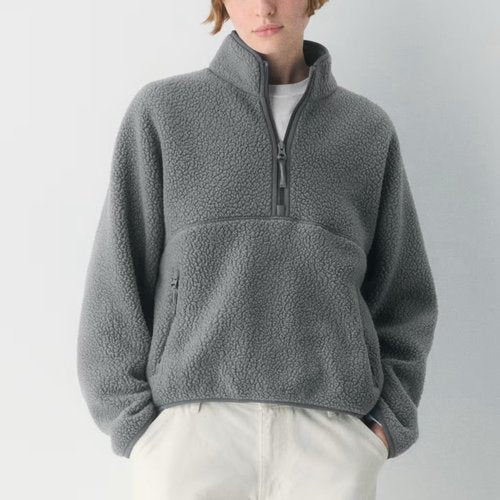 Keeliya Womens Fleece Sweatshirts Cropped Half Zip Fuzzy Warm Sherpa Pullover Varsity Jackets with Zipper Pockets(Dark-Grey,M)
