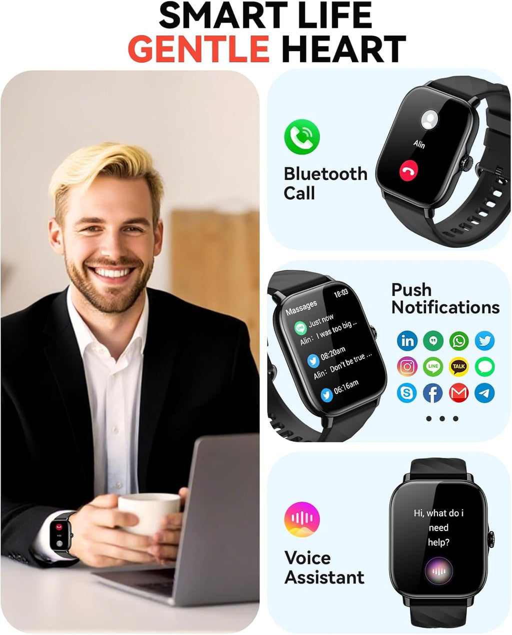 Smart Watches Fitness Tracker for Women Men with Step Counter, Sleep Calorie Monitor, Pedometer, IP68 Waterproof, Smartwatch with 120+ Sports for iPhone Android (Black)