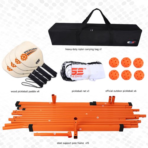 GSE Games & Sports Expert Portable Pickleball Net Set for Driveway with 22FT Regulation Size Net, 4 Paddles, 6 Outdoor Pickleballs, and Carrying Bag, Weather Resistant Metal Frame (Orange)