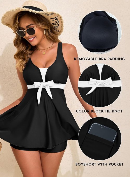 Aleumdr Women's High Waisted Tankini Swimsuit - Tummy Control Swim Dress with Pockets