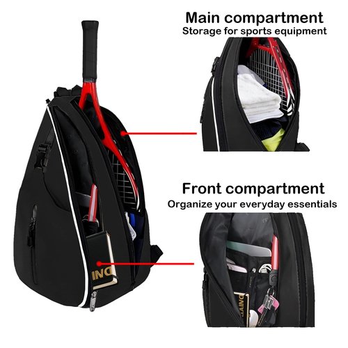 57lilina Pickleball Sling Bag - Lightweight Crossbody Design Holds 2 Paddles & 6 Balls - Ventilated Water Bottle Holder, Multiple Compartments - Fit for Drills, Casual Play & Travel Black