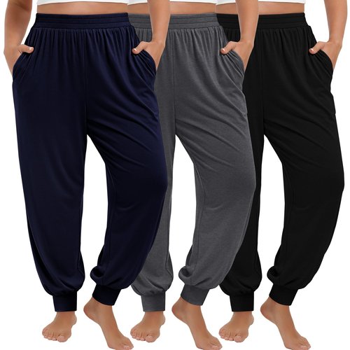 Evervibe 3 Pack Women's Plus Size Yoga Joggers, Comfy High Waisted Lounge Pants Loose Casual Sweatpants Pajama with Pockets(Navy, Dark Gray, Black,3X-Large)
