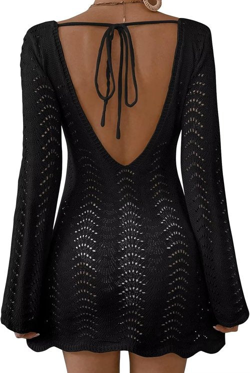 Falechay Women's Swimsuit Cover-Up - Long Sleeve Crochet Design | Backless Mesh for Summer Beach Vacations