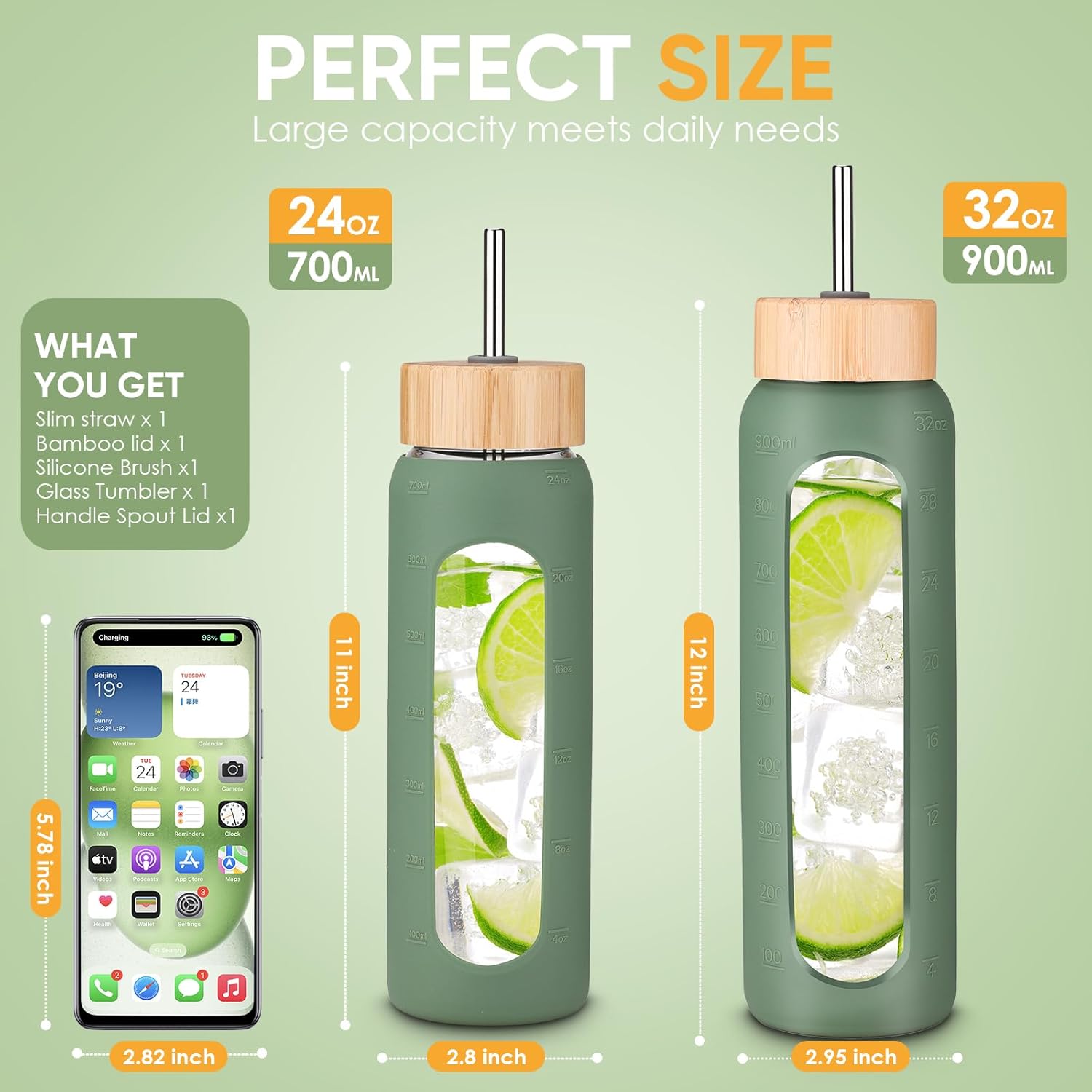 Skiennix 32 oz Glass Water Bottle - Borosilicate Tumbler with Silicone Sleeve & Bamboo Straw Lid | Leakproof, BPA-Free for Gym, Office & Travel