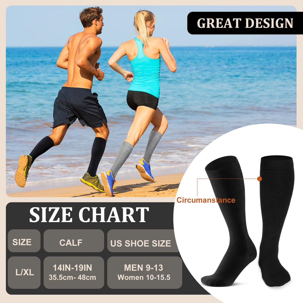 Tisancy 4 Pairs Cotton Compression Socks for Women Men 20-30 mmHg Knee High Support Socks for Nurse Pregnant Sports Travel(Black, Medium Grey, Dark Grey, Khaki)