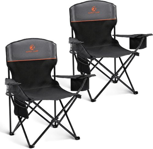 ALPHA CAMP Heavy Duty Camping Chair - 350LBS Capacity, Portable with Cooler Bag & Cup Holder | Black, 2PC Set