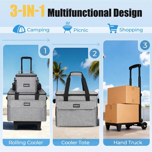INSMEER Rolling Coolers with Mini Lunch Bag, 50 Cans Collapsible Hard Liner Cooler with Wheels, 2-in-1 Portable Trolley Cart, Coolerbag for Grocery Shopping