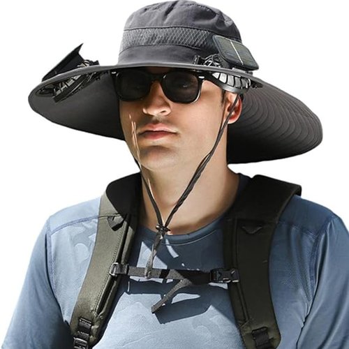 Pureadee Men's Wide Brim Solar Fan Outdoor Fishing Hat in Grey - includes 2 Solar Fans, Medium, Black