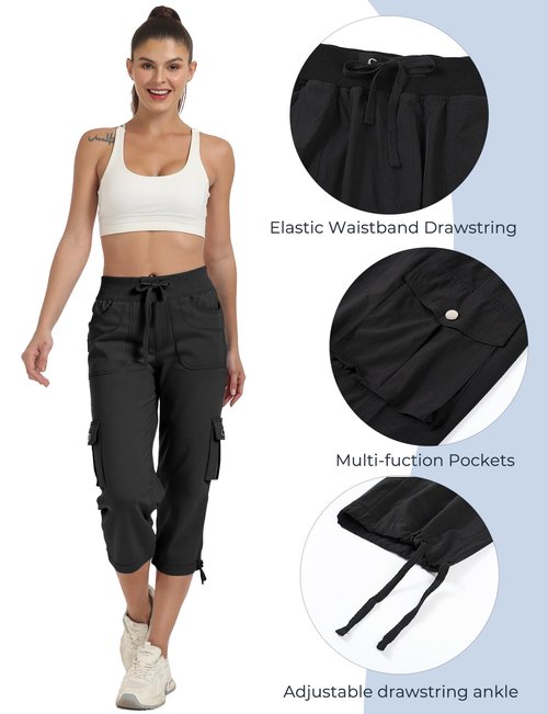Enaisyl Women's Hiking Capri Pants with Pockets - Quick Dry Athletic Cargo Pants,Loose Fit Comfortable for Travel & Casual Black