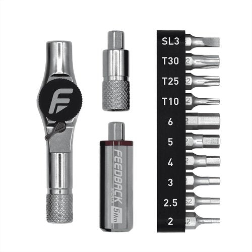 Feedback Sports | Reflex 5Nm Fixed Torque Ratchet Kit | Compact Mini Ratchet Set with 10 S2 Steel Bits for Precise Bicycle Maintenance | 5Nm Torque Limiting Bit