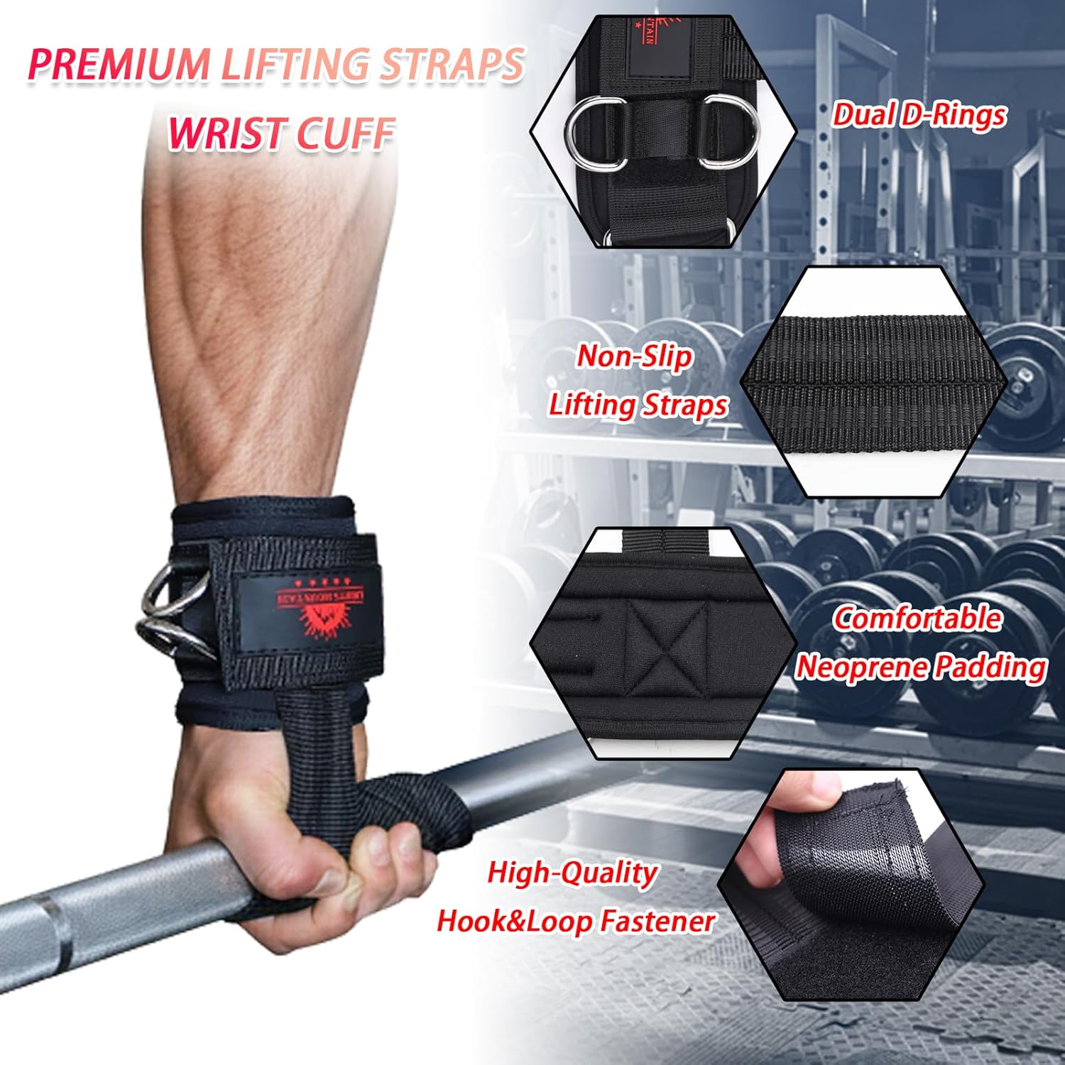 Skiennix Non-Slip Lifting Straps - Durable Wrist Cuffs with Double D-Ring for Weightlifting & Deadlifts