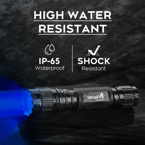 ULTRAFIRE Blue Light Flashlight, 450-460nm Single Mode Blue Led Flashlight, 10W High Power Small Portable Blue Light for Night Fishing and Outdoor Activities-Black House WF-501BL PRO