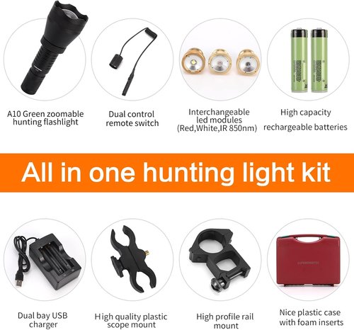 LUMENSHOOTER A10 Green Hunting Light - 1000 Lumens Zoomable Flashlight with Rubber Halo Shield | Red & White IR Torch for Predators
