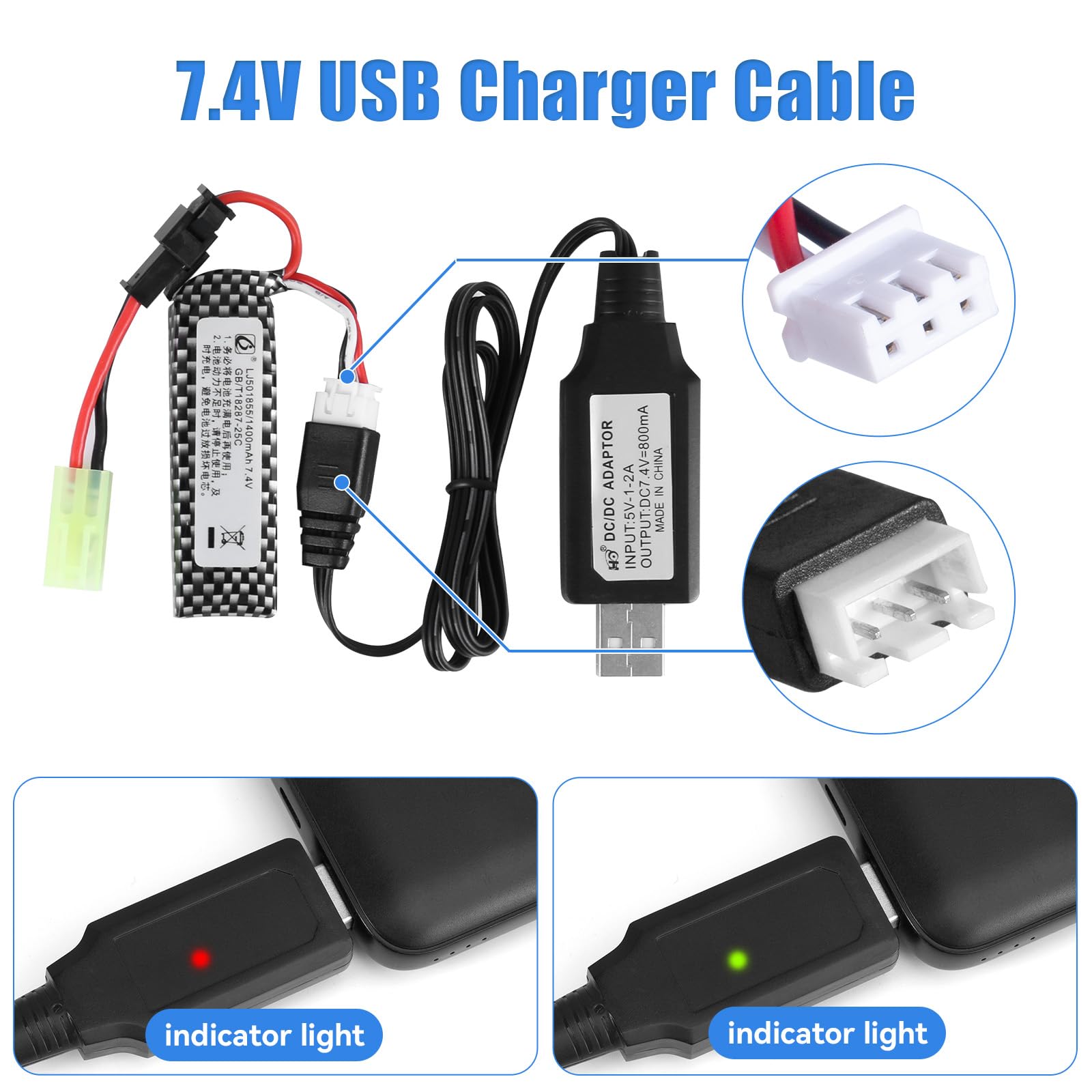 OooSure 2 pcs 7.4V 1400mAh 25C 501855 Lipo Airsoft Gun Batteries with 2S Charging Cable and SM2P to Mini Tamiya Switch Cable for Airsoft Gel Guns repalce Battery for STD-X2(2 PCS)