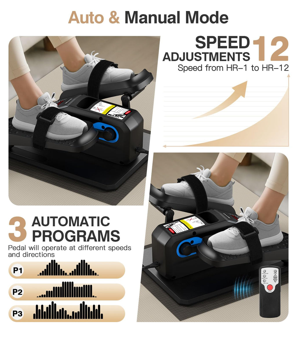 Under Desk Elliptical Machine,Ellipse Leg Exerciser Electric with Remoter,12 Manual Adjustable Speed and 3 Automatic Speed,Portable Seated Pedal Exerciser for Seniors,Adults,Home,Office, Black