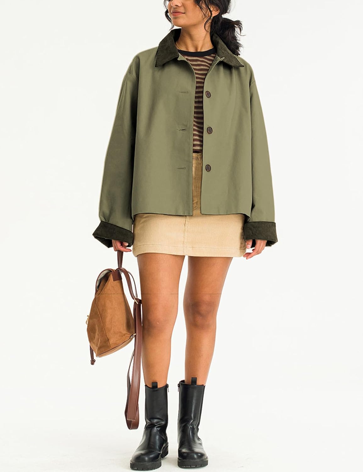 Viefent Women's Contrast Collar Crop Trench Coat - Casual Button Down Jacket with Pockets | Army Green, Large