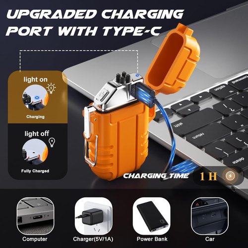LcFun Waterproof Outdoor Lighter - Windproof Dual Arc Plasma Torch | USB Rechargeable, 2-Pack for Camping & Hiking
