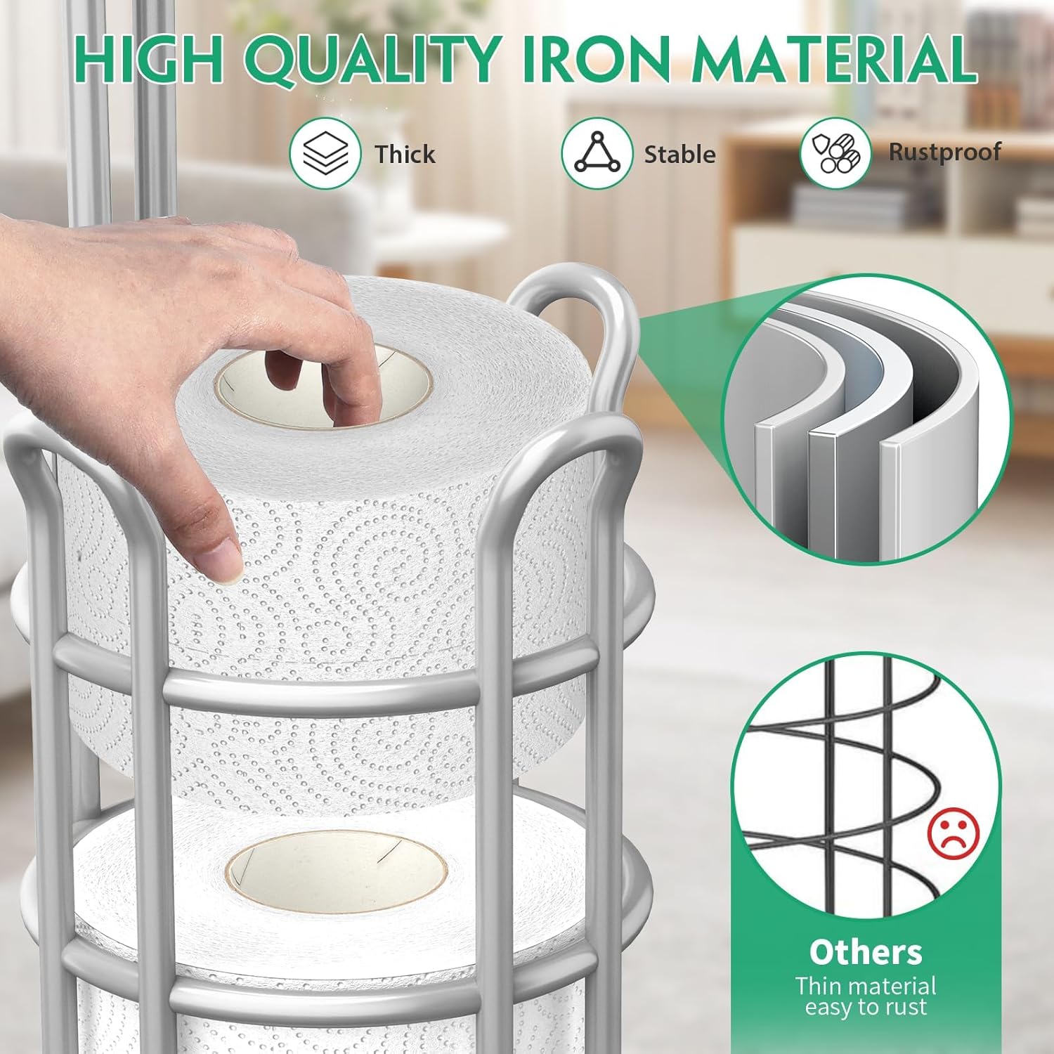 TomCare Toilet Paper Holder Stand - Free Standing Tissue Paper Dispenser with Storage Shelf | Metal Bathroom Organizer