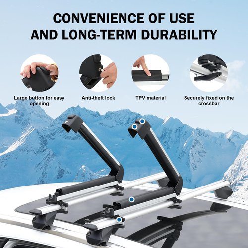 Gearantics 16.3 Inch Ski and Snowboard Rack for Car Roof, with TPV Rubber Padding and Lock, Fit 2 Pairs of Skis or 2 Snowboards, Mounting System Fits for Square/Round/Aero/Oval Cross Bars, Silver