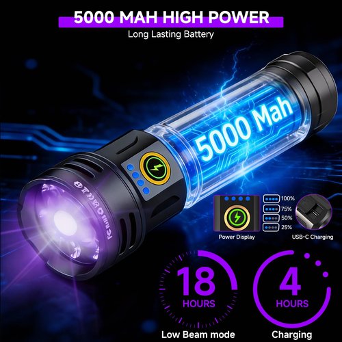 2-in-1 Powerful Blacklight LED Flashlight - UV&High Lumens Tactical Rechargeable Flash Light, 7 Modes, 18H Long Lasting, Super Bright Waterproof Detector for Pet Urine Curing Resin Camping Emergencies