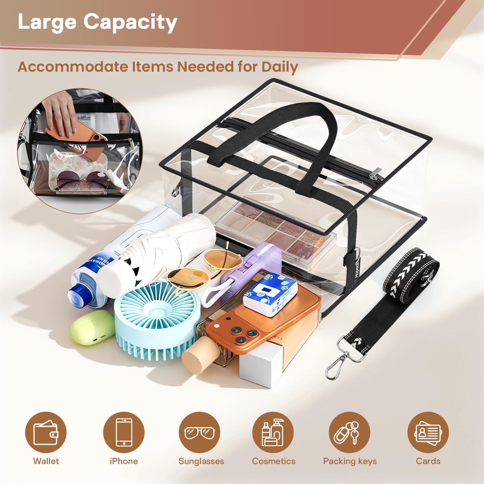 Hopack Clear Bag for Stadium Events, Clear Crossbody Bag, Stadium Bags for Women with Adjustable Strap for Sports Events, Concert (Black)