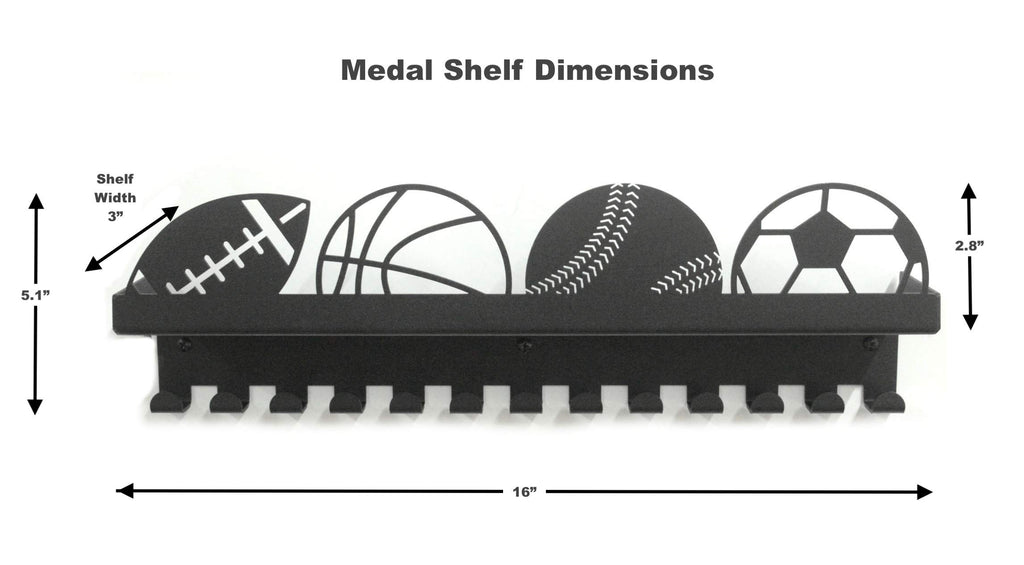 URBN BY MODERN HOME FINISHINGS Metal Wall Mount Sports Balls Design Kids & Adults Sports Medal Hanger Display, Ribbon Holder Rack with 3" Trophy Shelf Rack and Easy Hang Hooks, Black