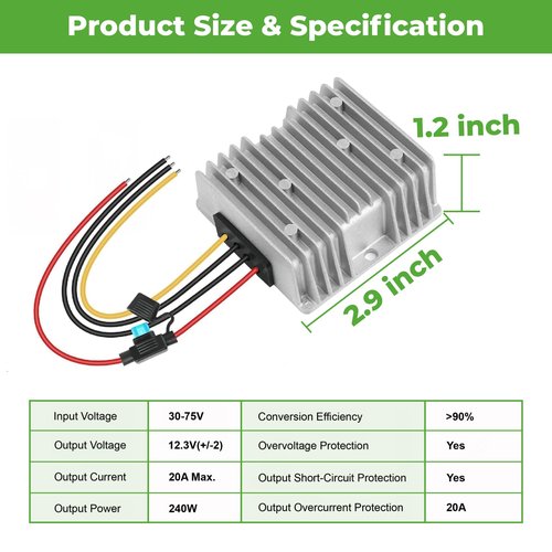 10L0L 36V 48V 72V Step Down to 12V Golf Cart Converter, 20A 240W DC-DC Voltage Regulator Reducer with Fuse IP68 Waterproof Transformer