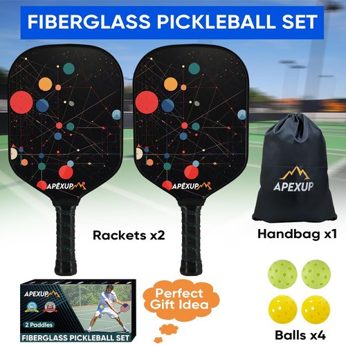 APEXUP Fiberglass Pickleball Paddles, Premium Pickleball Paddles Set of 2, Pickle Ball Set with Ergonomic Cushion Grip, 2 Pickleball Rackets, 4 Pickleball,1 Portable Bag (Colored Ball)