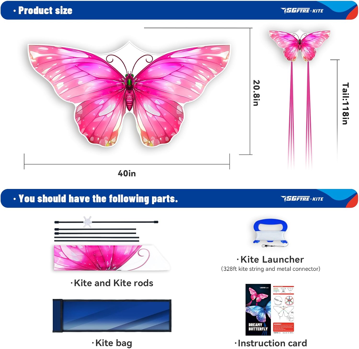 SGftre Butterfly Kite - Easy-Flying Outdoor Toy for Kids & Adults | Perfect for Beach Fun (Pink Dreamy Butterfly)