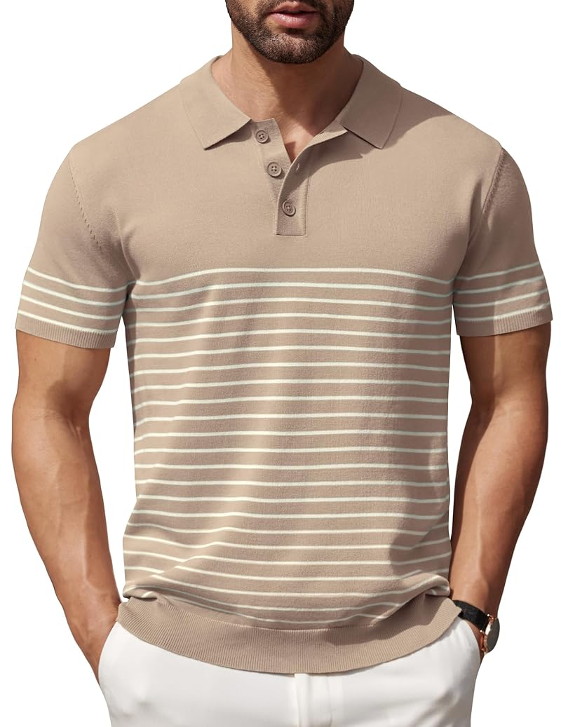 Khaki Striped Knit Polo Shirt for Men - Short Sleeve Button-Down Golf Essential