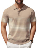Khaki Striped Knit Polo Shirt for Men - Short Sleeve Button-Down Golf Essential