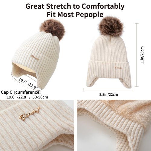 Womens Winter Beanie Hat Scarf and Gloves Set Earflap Girls Beige Earmuffs Cable Beanies with Pompom Knitted Scarf Touch Screen Gloves Sets Ladies Black Knit Thick Warm Soft Fleece Lined Thermal Cap