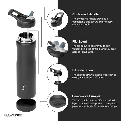 EcoVessel Summit TriMax® Vacuum Insulated Stainless Steel Water Bottle with Flip Straw Lid & Silicone Bumper - 24 oz (Smoke Black)