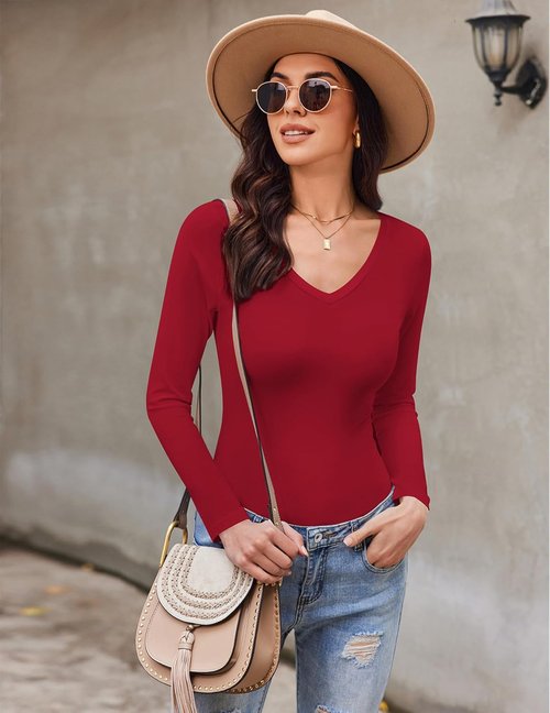 Ekouaer Women's Long Sleeve V-Neck Shirts - Slim Fit Lightweight Thermal Tops | 3-Pack for Fall 2024