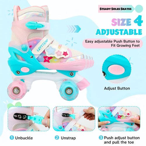 LEVYTEMP Kids Roller Skates for Girls Kids with Light Up Wheels, Adjustable 4 Sizes (10C-7.5Y), Star Design, Triple Safety System, Ideal Gift for Ages 3-12
